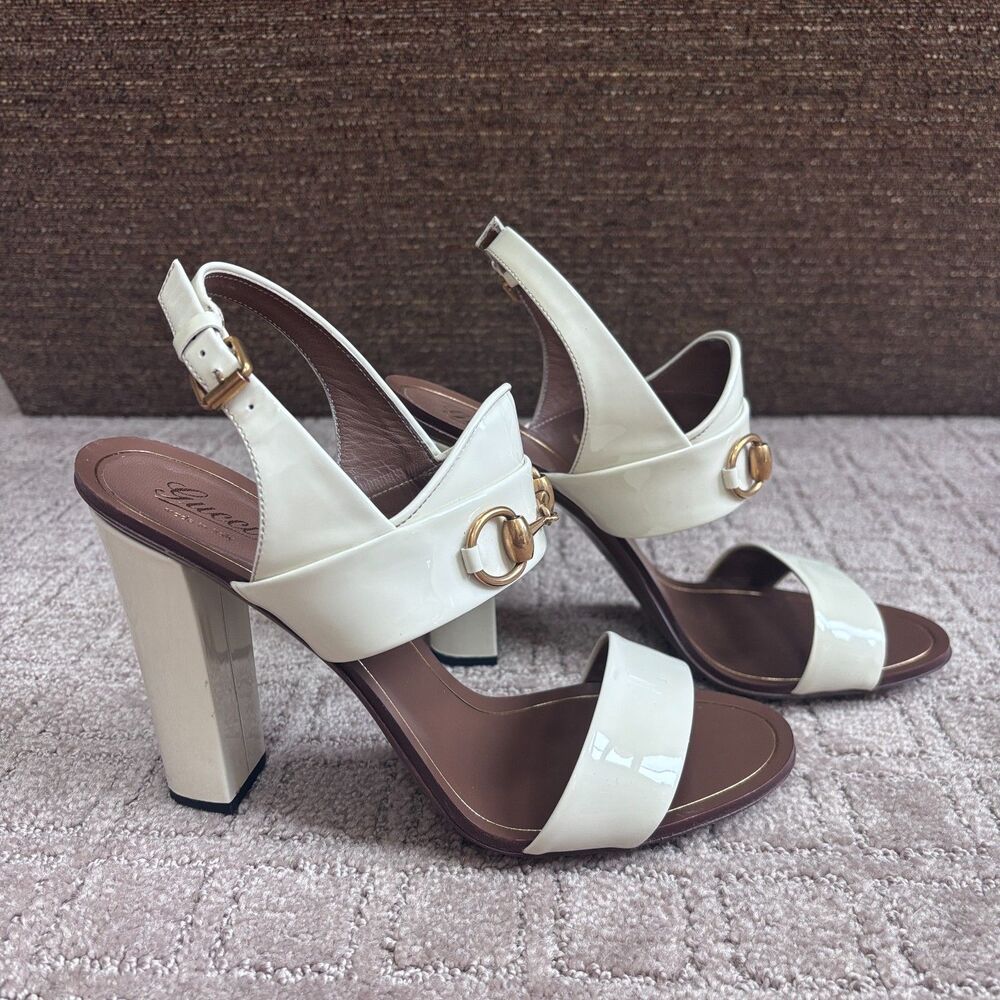Gucci Horsebit Patent Leather Slingback Sandals Womens 39.5 Off White Block Heel